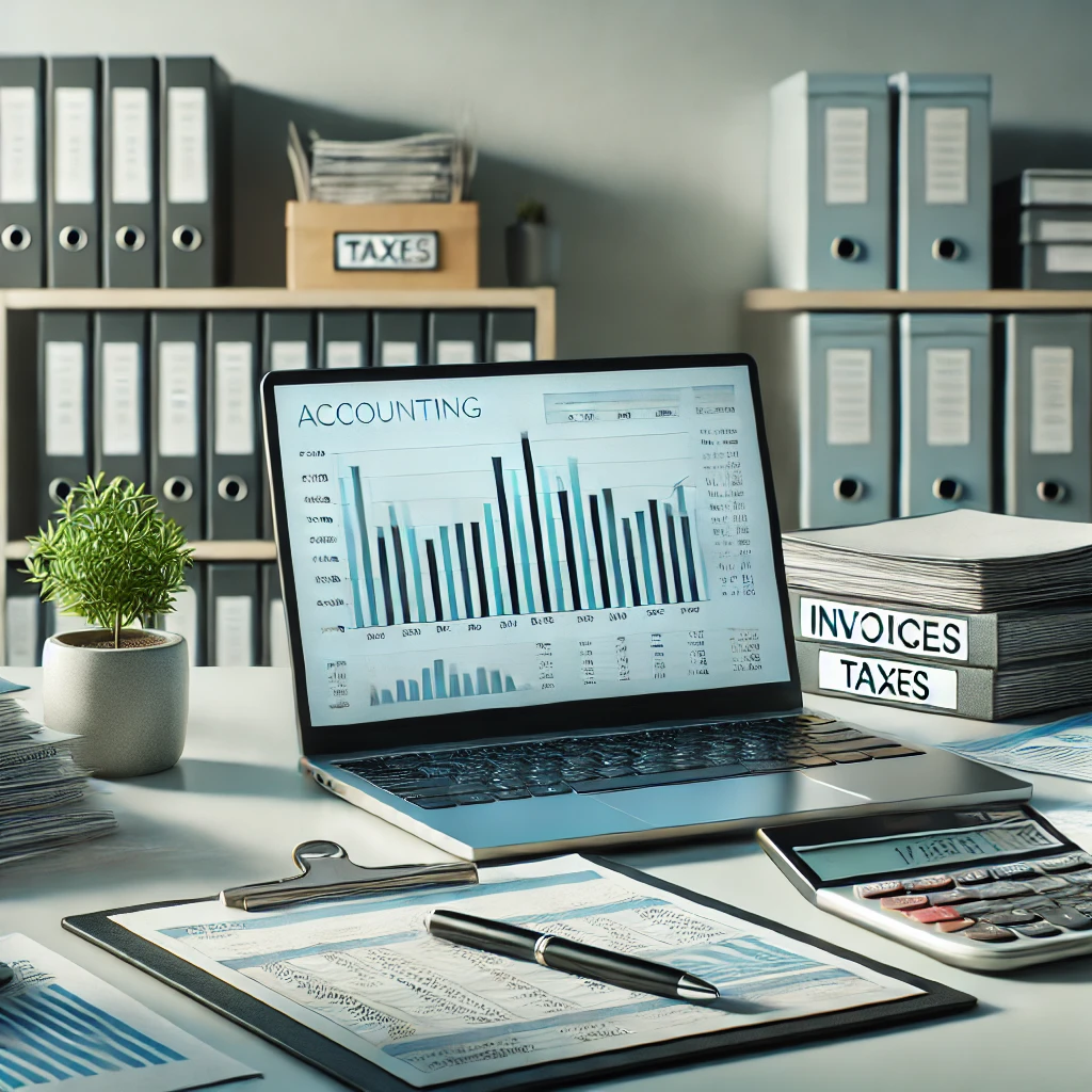 DALL·E 2025-01-21 14.14.02 - A realistic and professional accounting scene featuring a clean and organized desk with accounting tools. The desk includes a laptop displaying financ